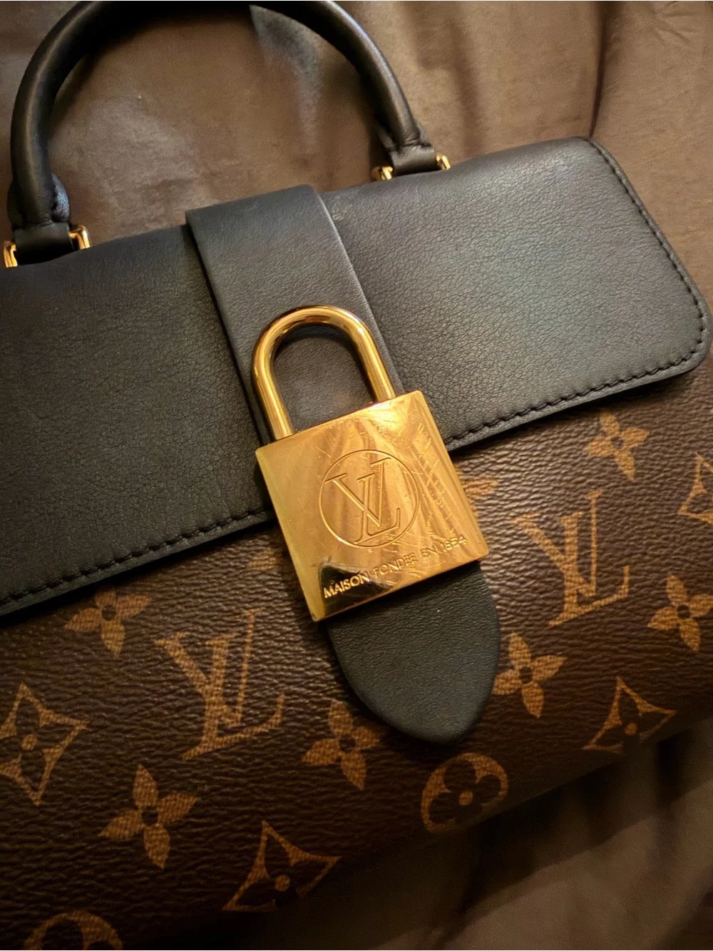 Louis Vuitton Brown Monogram Satchel with Black Flap and Gold Lock